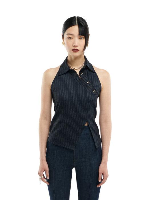DENIM DIAGONAL HALTERNECK COLLAR SLEEVELESS
