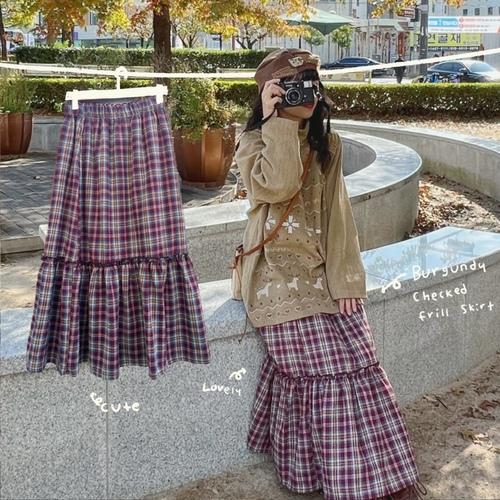 Burgundy Checkered Frill Skirt 버건디 빨강 체크 크리스마스 프릴 겨울 롱스커트