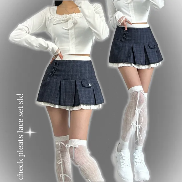 *레이어드* check pleats lace set sk!