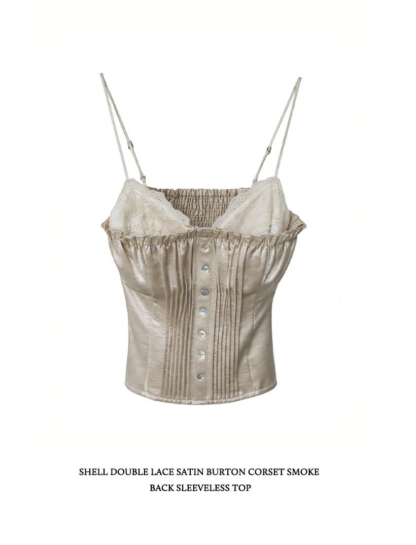 [3/11~순차발송] SHELL DOUBLE LACE SATIN BURTON CORSET SMOKE BACK  SLEEVELESS TOP 쉘 더블 레이스 샤틴 버튼 코르셋 스모크 백 슬리브리스탑