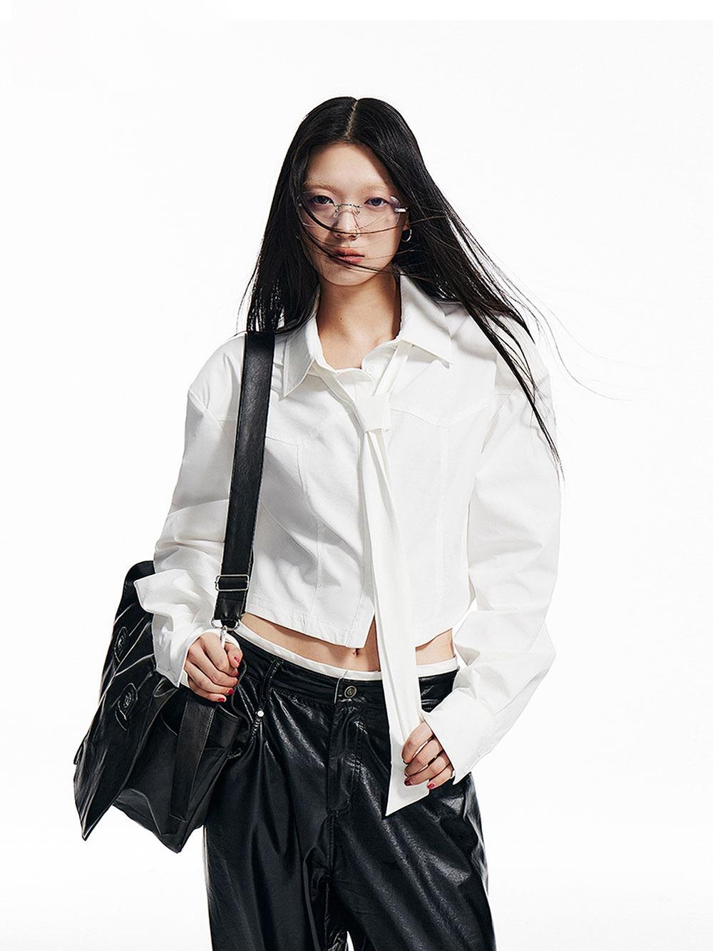 Women's White Cropped Shirt Tie