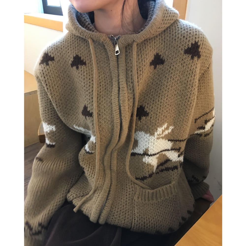 모트 사슴 니트후드집업(3color)