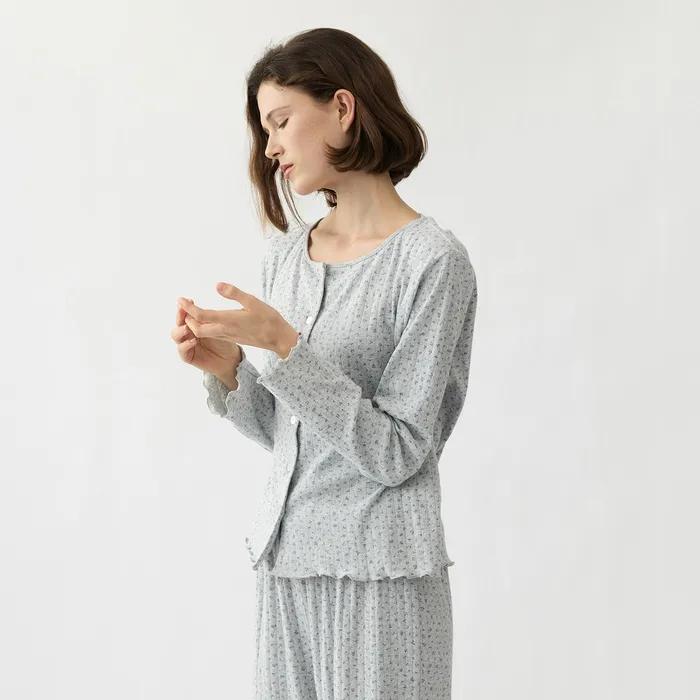 비쥬 플라워 여성 잠옷 세트 홈웨어 파자마 긴팔 긴바지