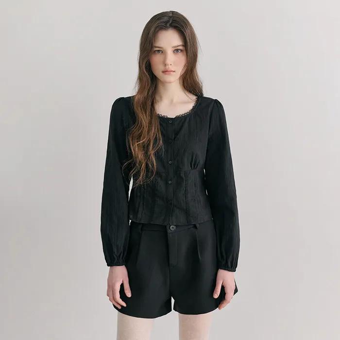 Lace Pintuck Shirring Blouse, Black