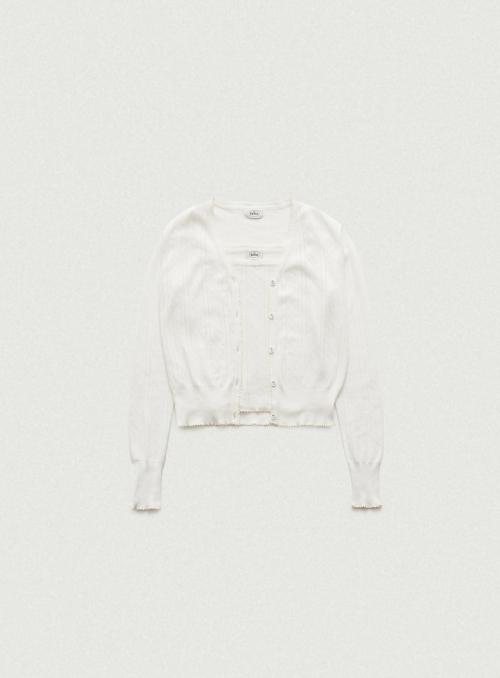 Cotton Eyelet Knit Cardigan Ensemble With Sleeveless Top_Ivory