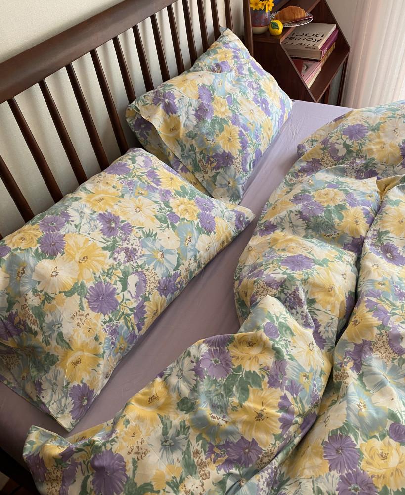 모네 꽃무늬 이불 커버 세트 / 보라색 빈티지 플라워 바스락 호텔 순면 침구 S/SS