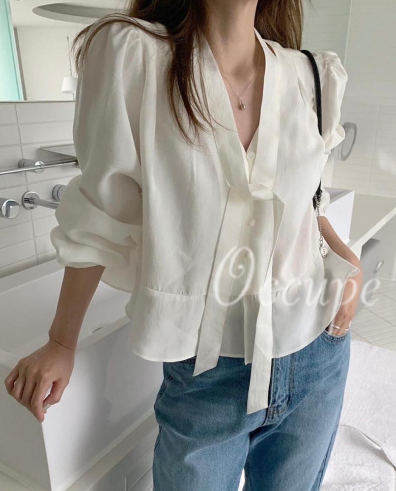 멜라운지 벨 타이 블라우스 (3col) mellounge