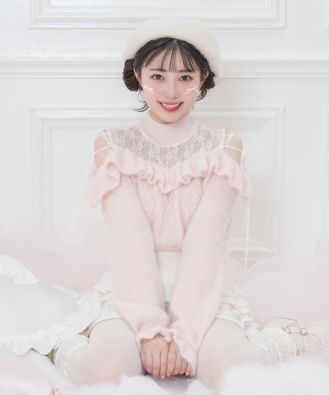 オフショルレースリボンニット