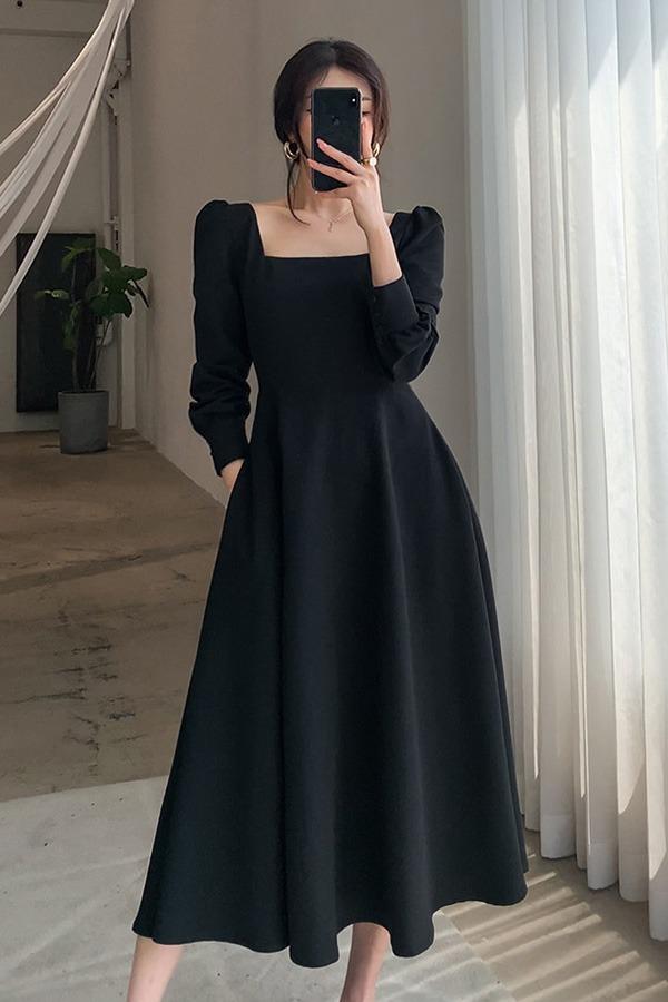 [무료배송] 모카 스퀘어넥 퍼프 슬림절개라인 데일리 로맨틱 사계절 하객룩 단아한 플레어 원피스