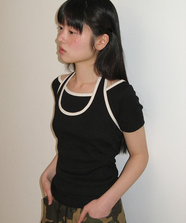 LAYERED HALTER RINGER T SHIRT BLACK