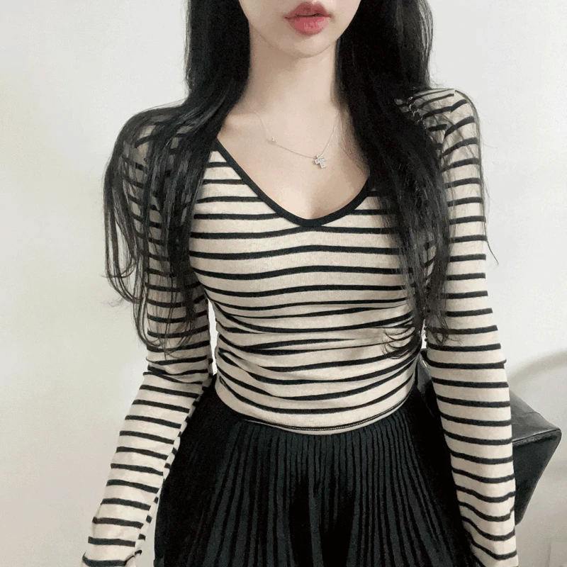 [여리핏~/기모] 츄아 슬림 V넥 스판 셔링 기본 긴팔 티셔츠 (3color)