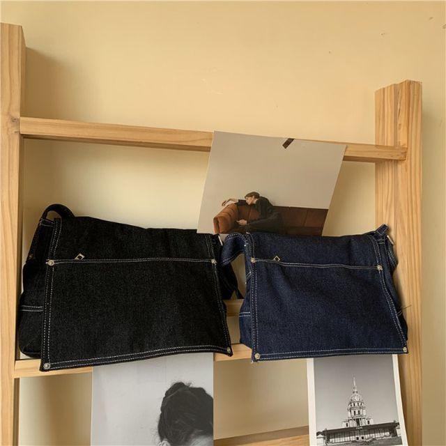 056 데님 스퀘어 배색스티치 데일리 심플 숄더 크로스백(흑청,진청)