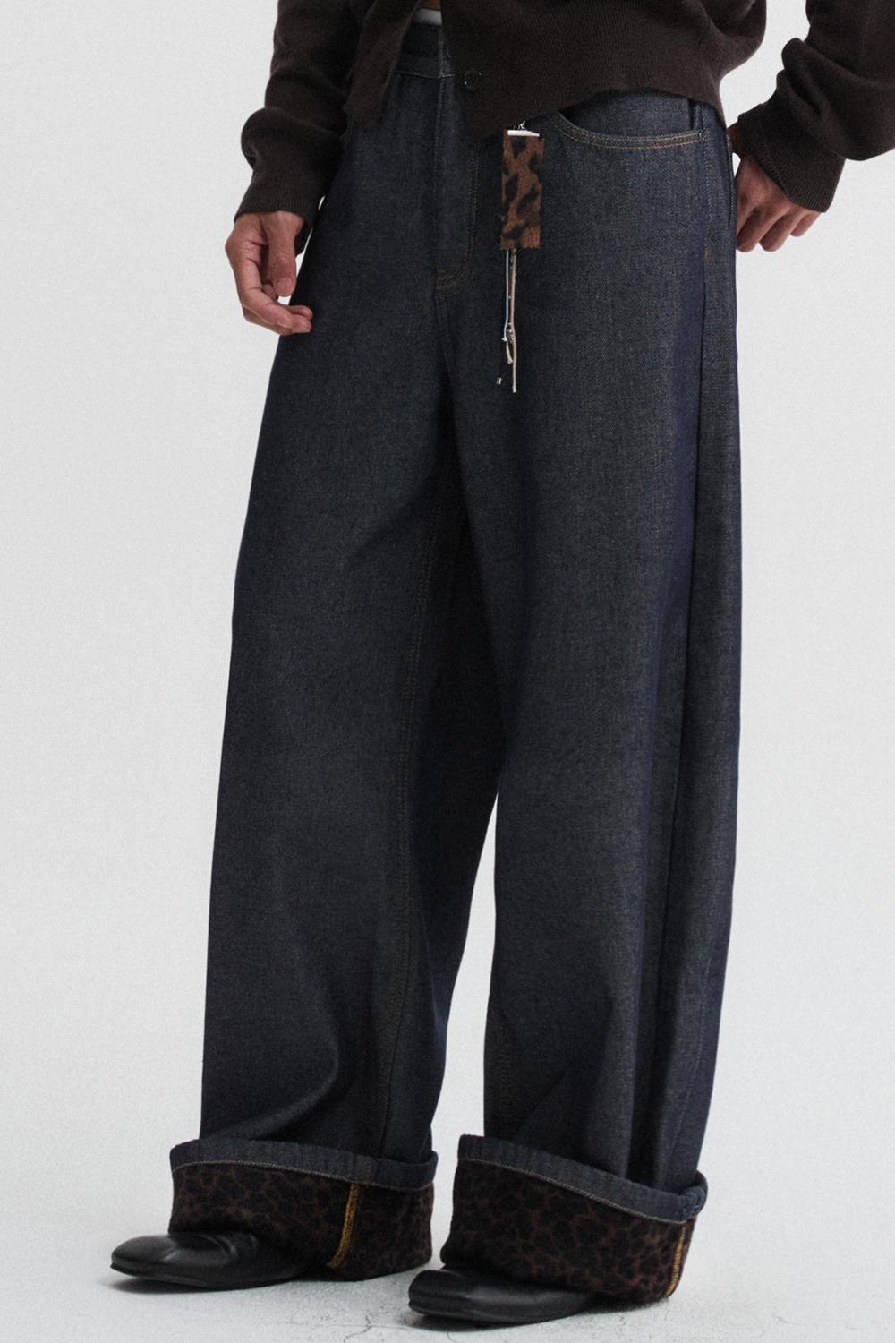 레오파드 헴 와이드 데님 팬츠 인디고