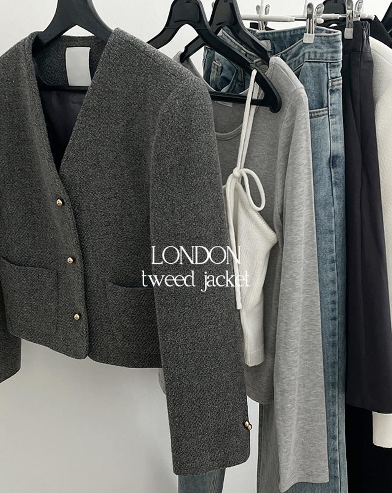 런던 브이넥 노카라 트위드 봄 자켓