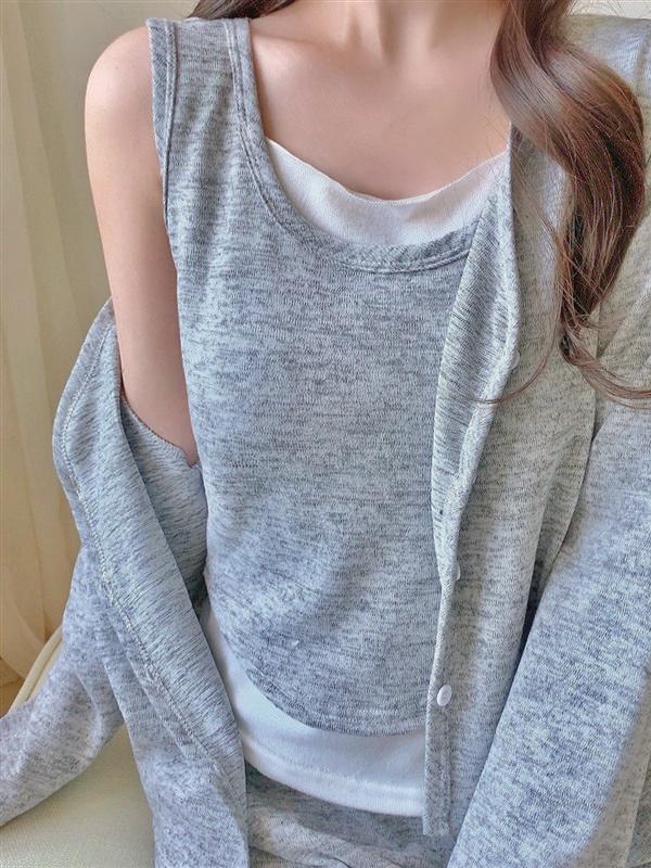 [캡내장] 레이어그레이 3pcs 민소매 가디건 상하세트 파자마 잠옷