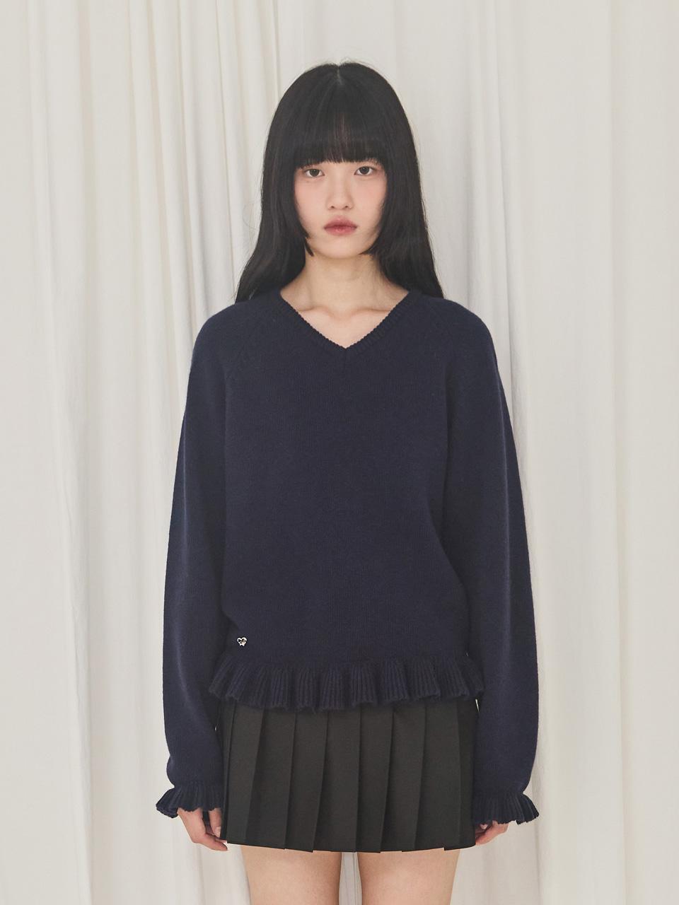 [fromis_9 지원 착용] V-Neck Frill Knit (Navy)
