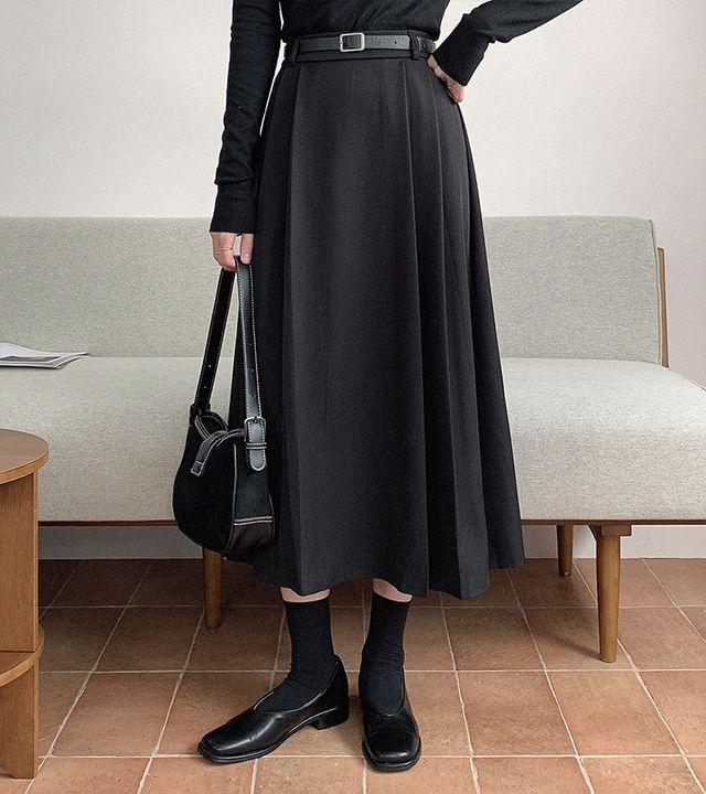 [벨트set] 프림 플리츠 핀턱 A라인 가을 롱스커트_룩앤무드