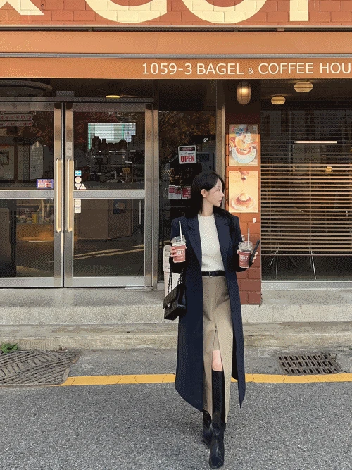 플렘 4온스 울 누빔 롱 코트 네이비