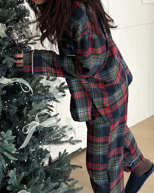 [unisex] 마스 체크 기모면 긴팔 파자마 set - 2 size