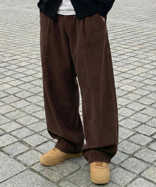 컬러풀 코듀로이 스트링 와이드 팬츠 브라운