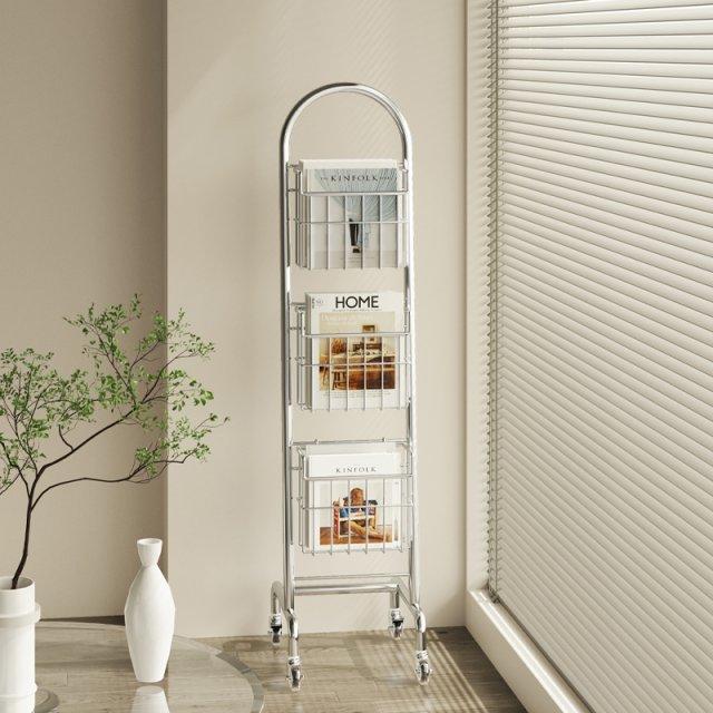 미드센추리모던 매거진랙 책꽂이 책장 실버 3단 이동식 바퀴