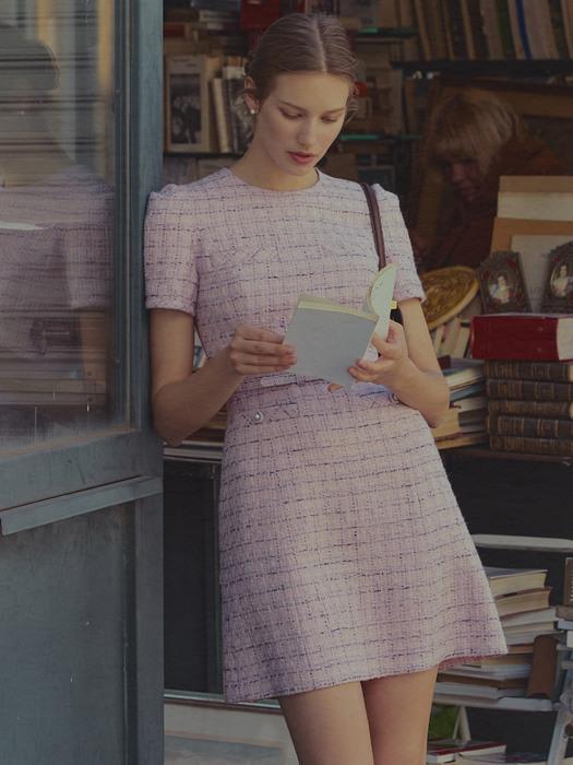 LINDSAY Round neck semi A-line tweed mini dress (Cream/Pink)