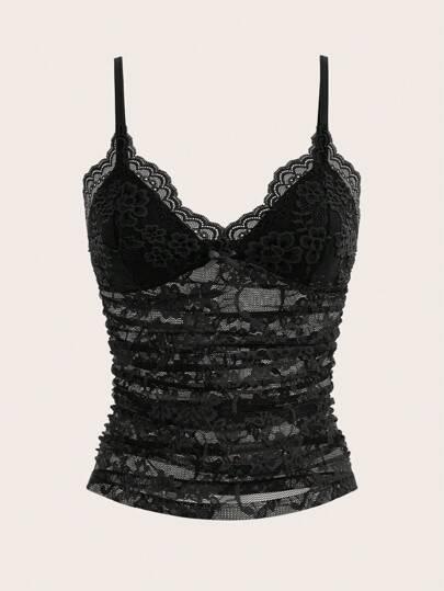 SHEIN ICON 여성 섹시한 레이스 스플라이스 캐미솔 블랙 탑, 캐주얼 일상 착용