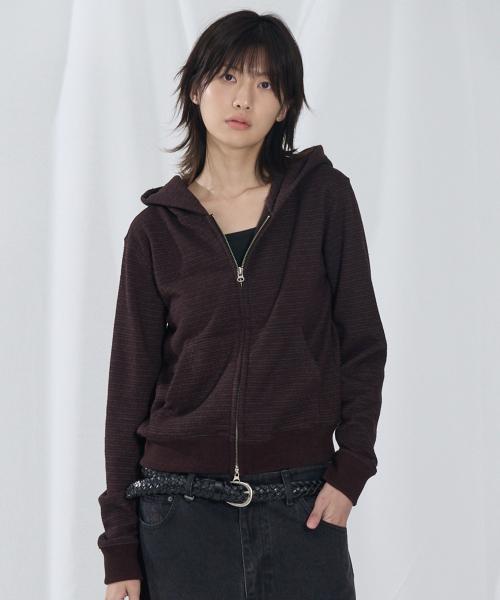 우먼스 부클 스트라이프 후드집업 [브라운]