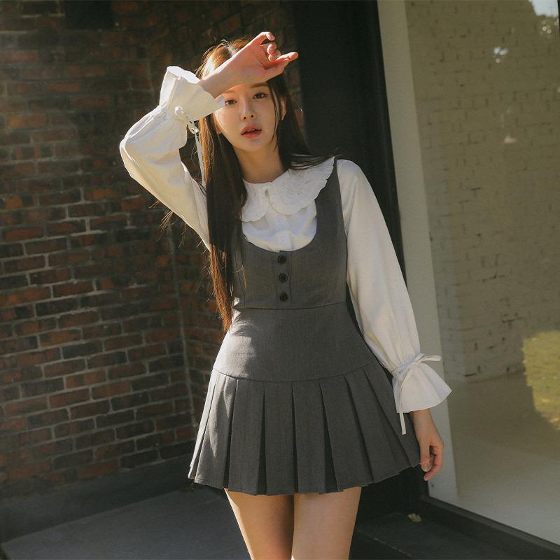 Pleats Skirt Slim Vest Onepiece(GRAY)