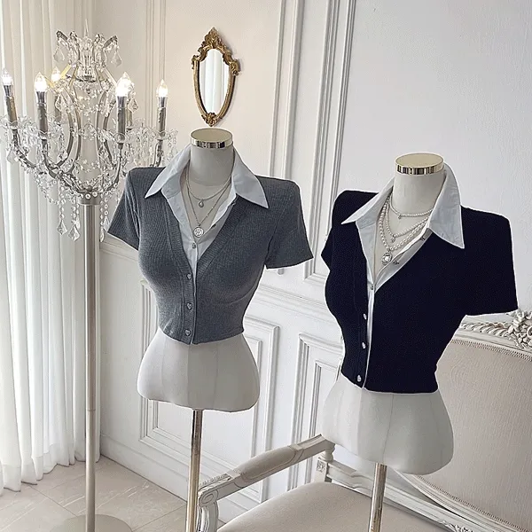 [허리잘록~💜핏예술~] 토크 크롭 가디건셔츠 /결혼식 하객룩 파티룩 브라이덜샤워 행사룩 셀프웨딩 해외여행룩 크롭티 크롭블라우스 반팔가디건 크롭가디건 카라티 반팔티 반팔블라우스