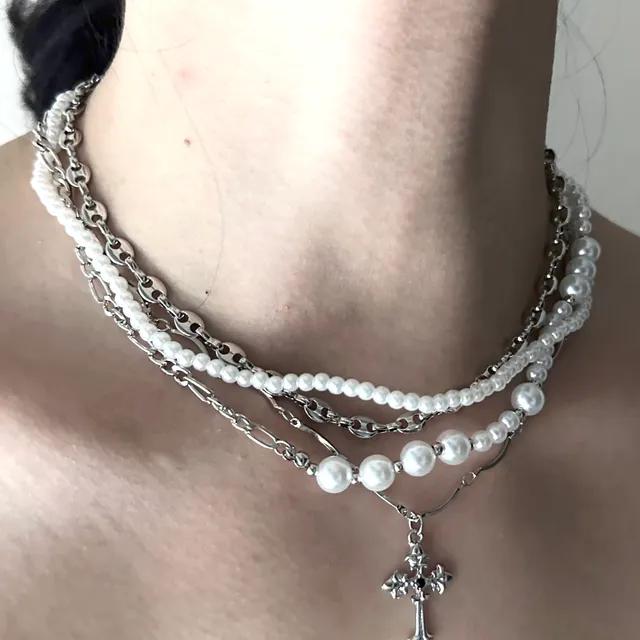 💀주문량1위☠️ pearl cross layerd necklace 진주목걸이 십자가목걸이 레이어드 체인
