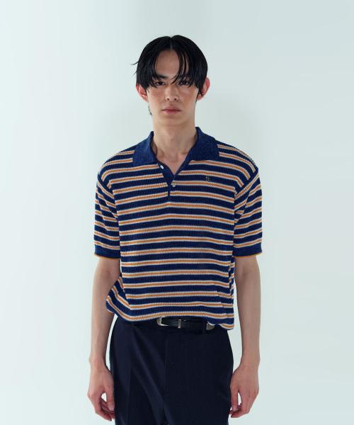 RIBBED STRIPED KNIT POLO SHIRT - NAVY