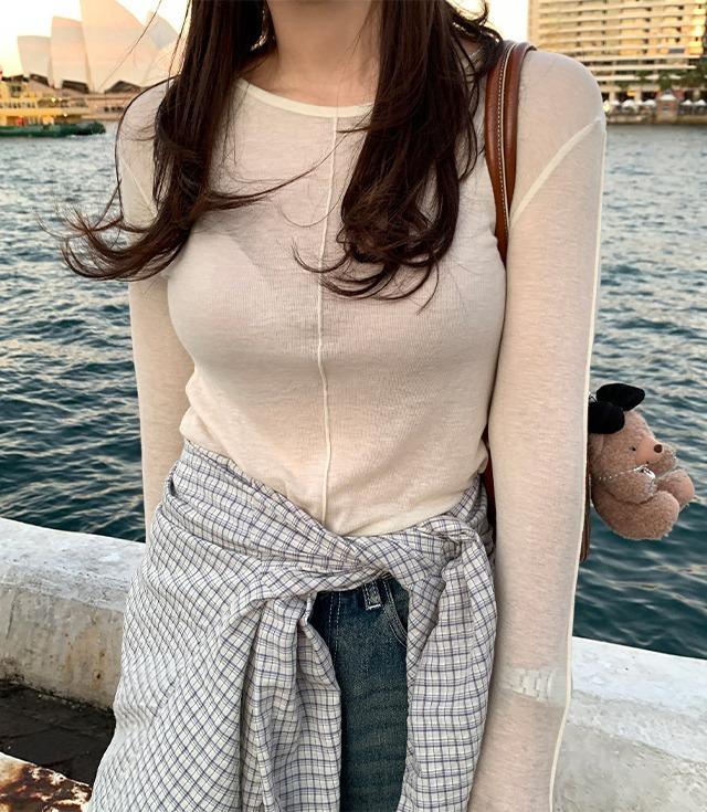 삐뽕언니 로헨 절개 시스루 긴팔티셔츠(4color) [슬림핏 라운드넥 유넥 이너 레이어드]