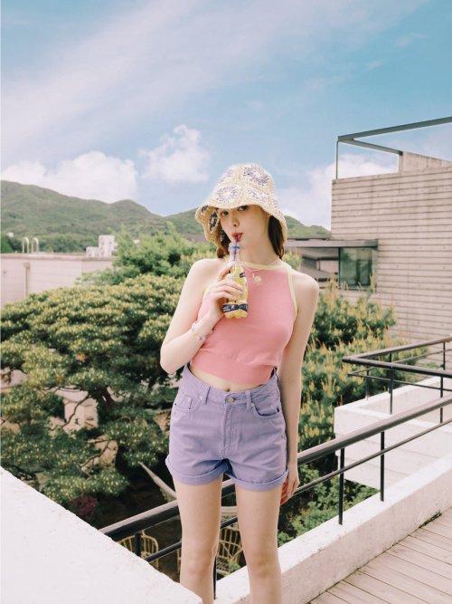 컬러 라인 슬리브리스 탑 - 핑크 / 옐로우