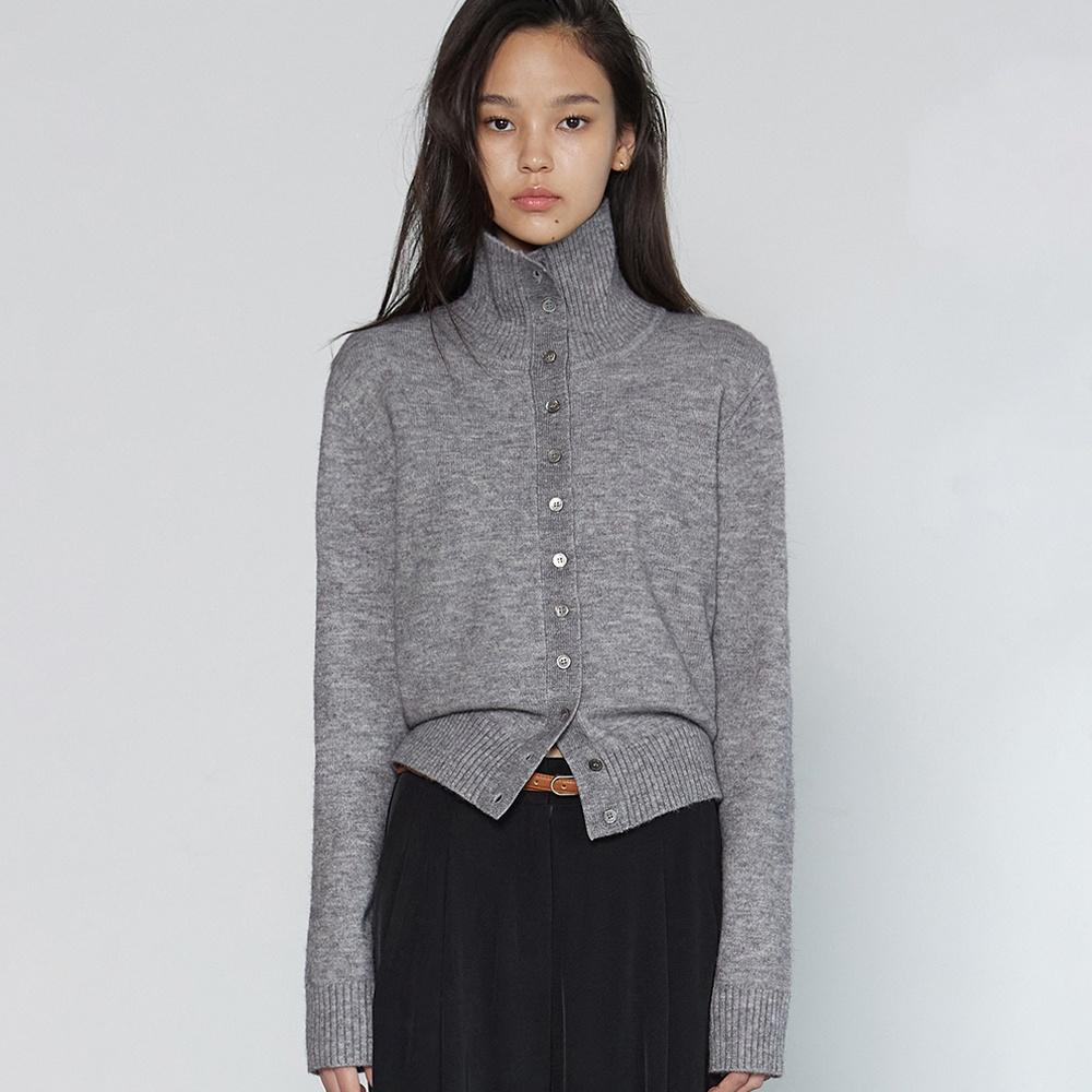HIGH NECK BUTTON CARDIGAN MELANGE GREY