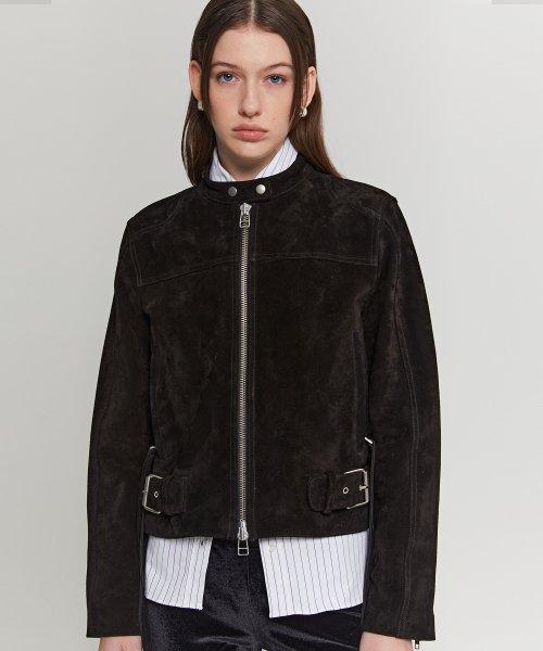 Calf Suede Zip Leather Jacket (Black)
