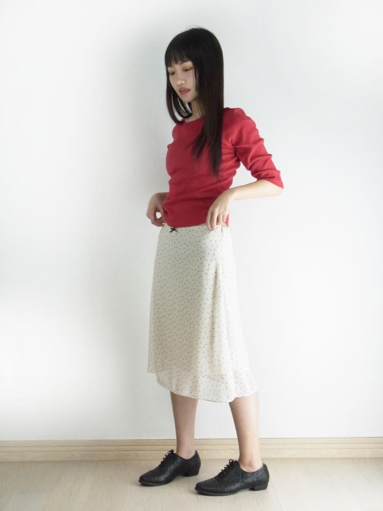 리본슬리브 도트 미디 스커트