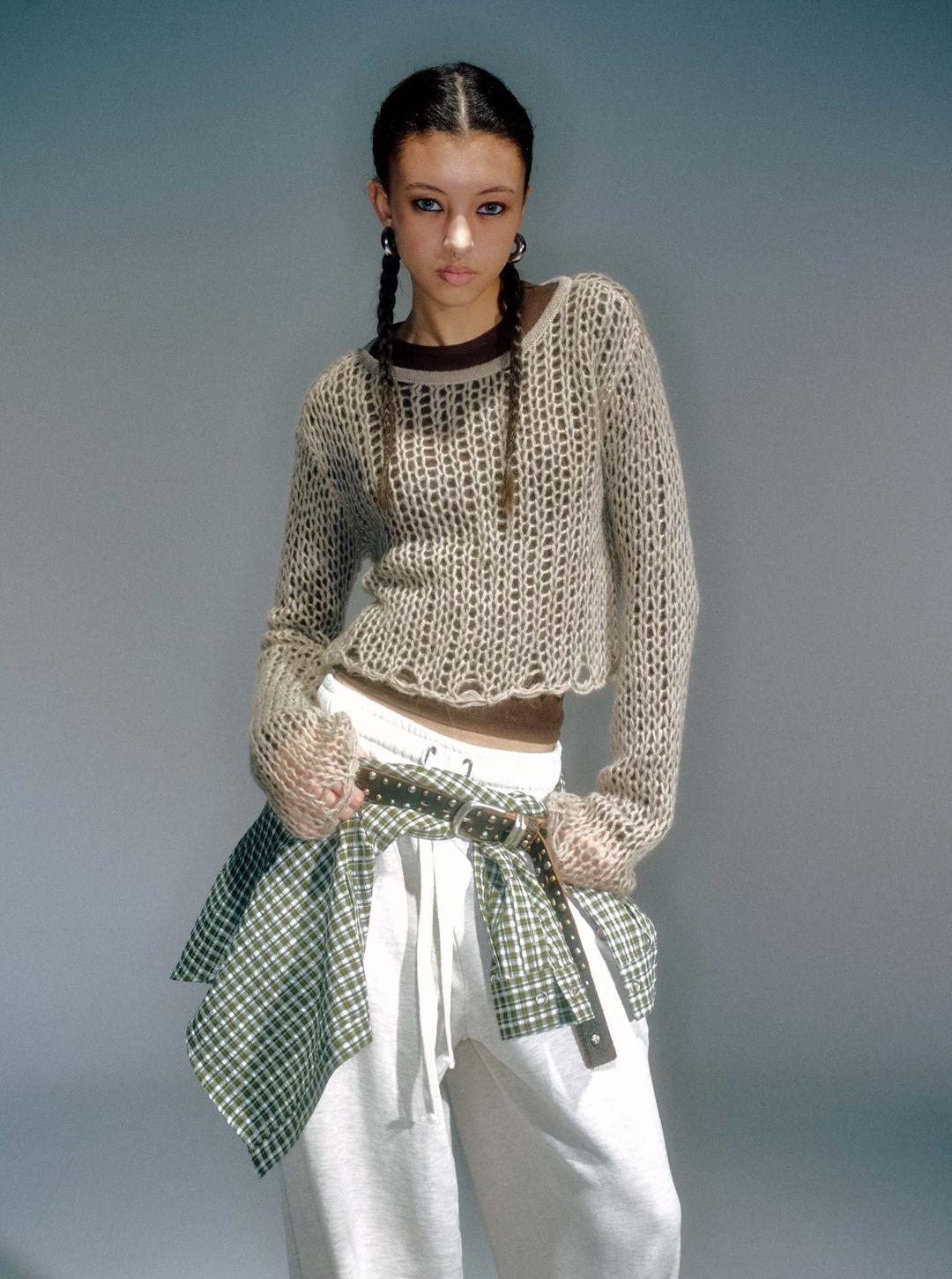 WOMEN GUPPY NET LAYERED KNIT SET BEIGE