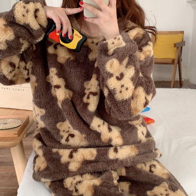 [3COLOR] 몽몽 곰돌이 상하의 수면잠옷 세트 겨울 극세사 잠옷 파자마 홈웨어 긴팔 수면바지