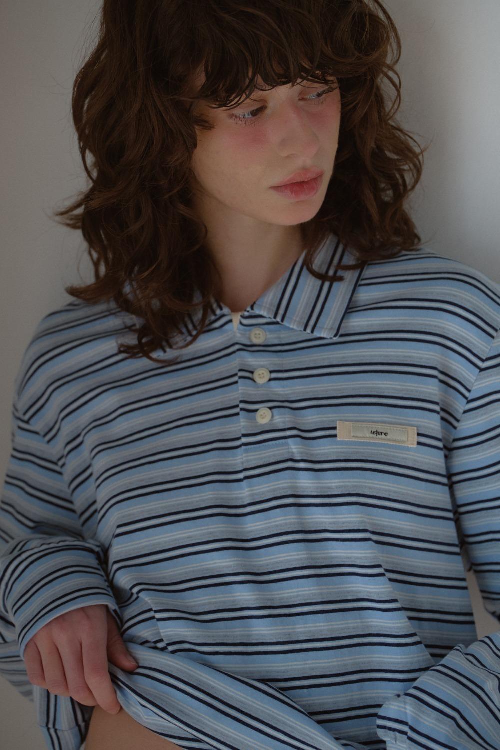 STRIPE STRING COLLAR T-SHIRT_BLUE