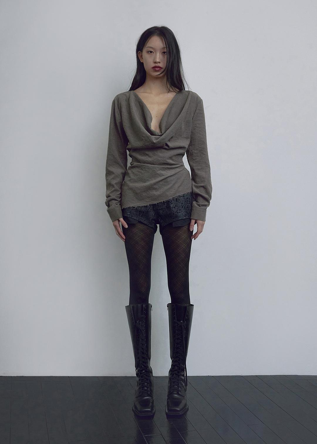 COWL NECK BLOUSE, DARK BROWN