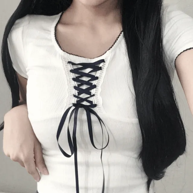 유니크) 코르셋 아일릿 반팔 T