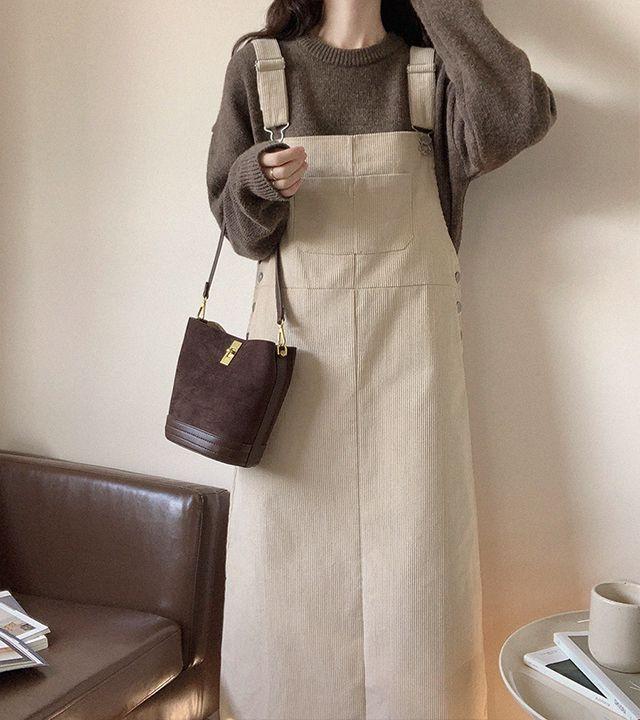 푸들 코듀로이 뷔스티에 겨울 골덴 멜빵 롱원피스_룩앤무드