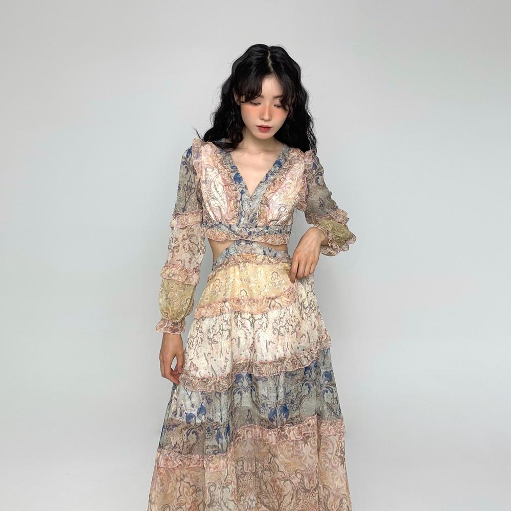 보헤미안 페이즐리 캉캉 맥시 트임 원피스