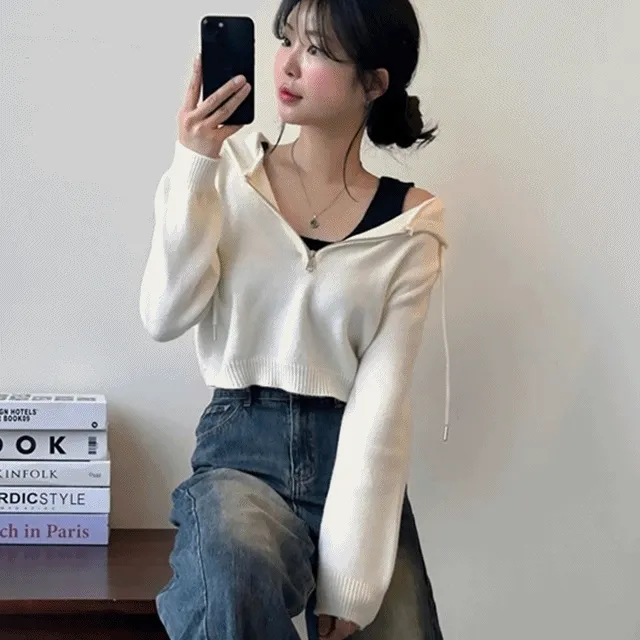 [25SS/나시세트/데일리] 크리드,반집업 베이직 후드 크롭 긴팔 니트 [3color]