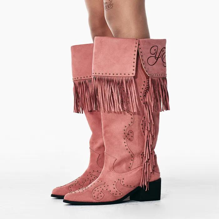 STUDDED SUEDE FRINGE BOOTS PINK