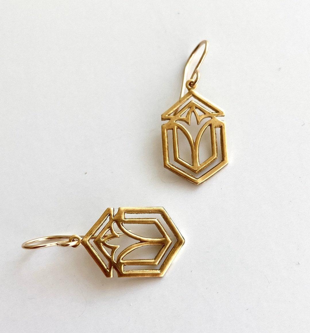 Frank Lloyd Wright gold architecture earrings, Art deco gold earrings, art deco earrings, handmade Geometric dangles, vintage architect gift