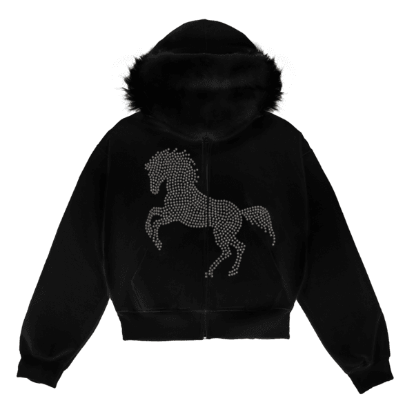 STUDDED FAUX FUR HOODIE IN BLACK