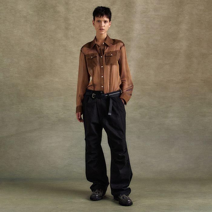 HERRINGBONE CUT-OUT SILK CHIFFON SHIRTS atb1304w(BROWN)