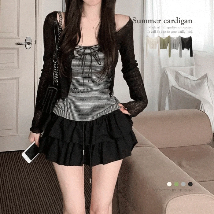 [ 여름볼레로 ] 자가드 펀칭부클 시스루 리본끈 크롭 얇은긴팔 가디건
